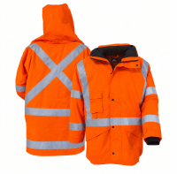 Hi Vis Rain Jacket W/Hood PU Coated Orange - Sewn-On Tape